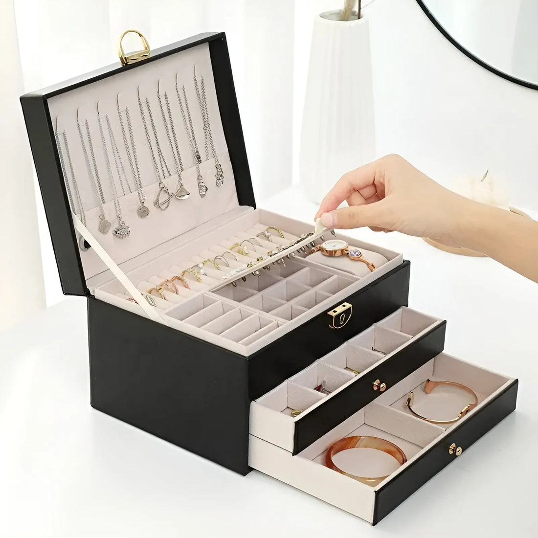 Jewelry Box | PU Leather & Velvet Lining | Multilayer Design | Bedroom Organizer