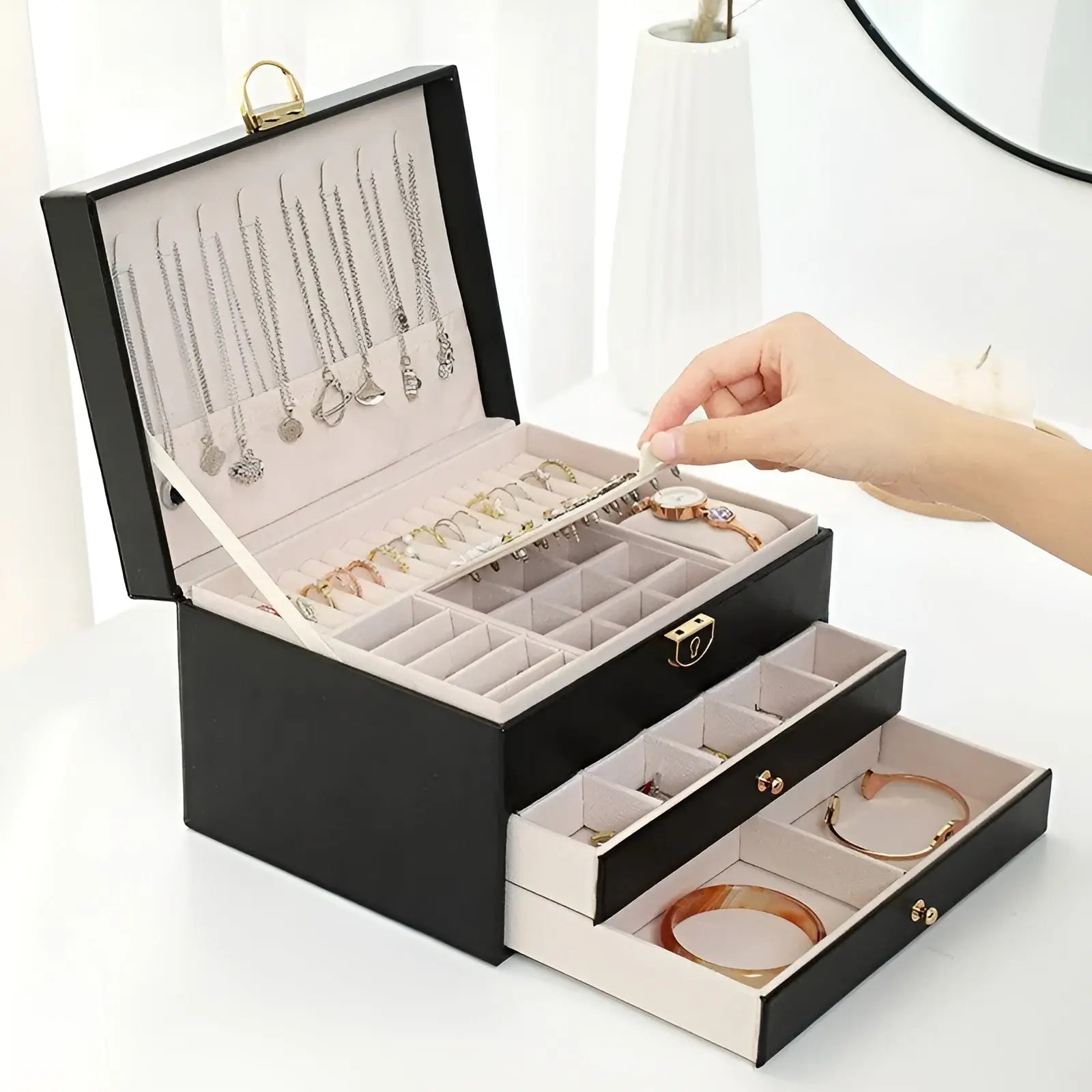Jewelry Box | PU Leather & Velvet Lining | Multilayer Design | Bedroom Organizer