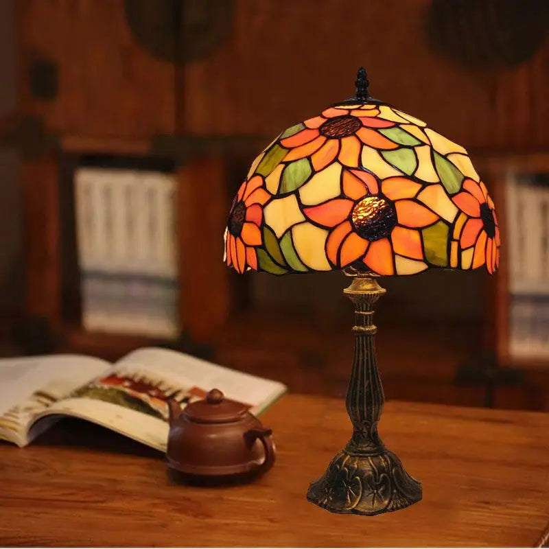 Table Lamp | Stained Glass & Bronze | Floral Shade | Reading Nook