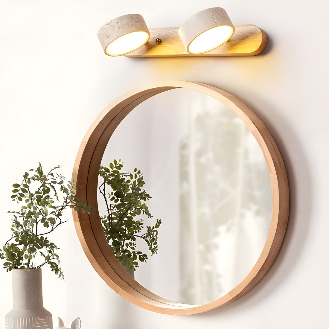 Wall Lamp | Travertine & Wood | Cylindrical Shades | Living Room Accent