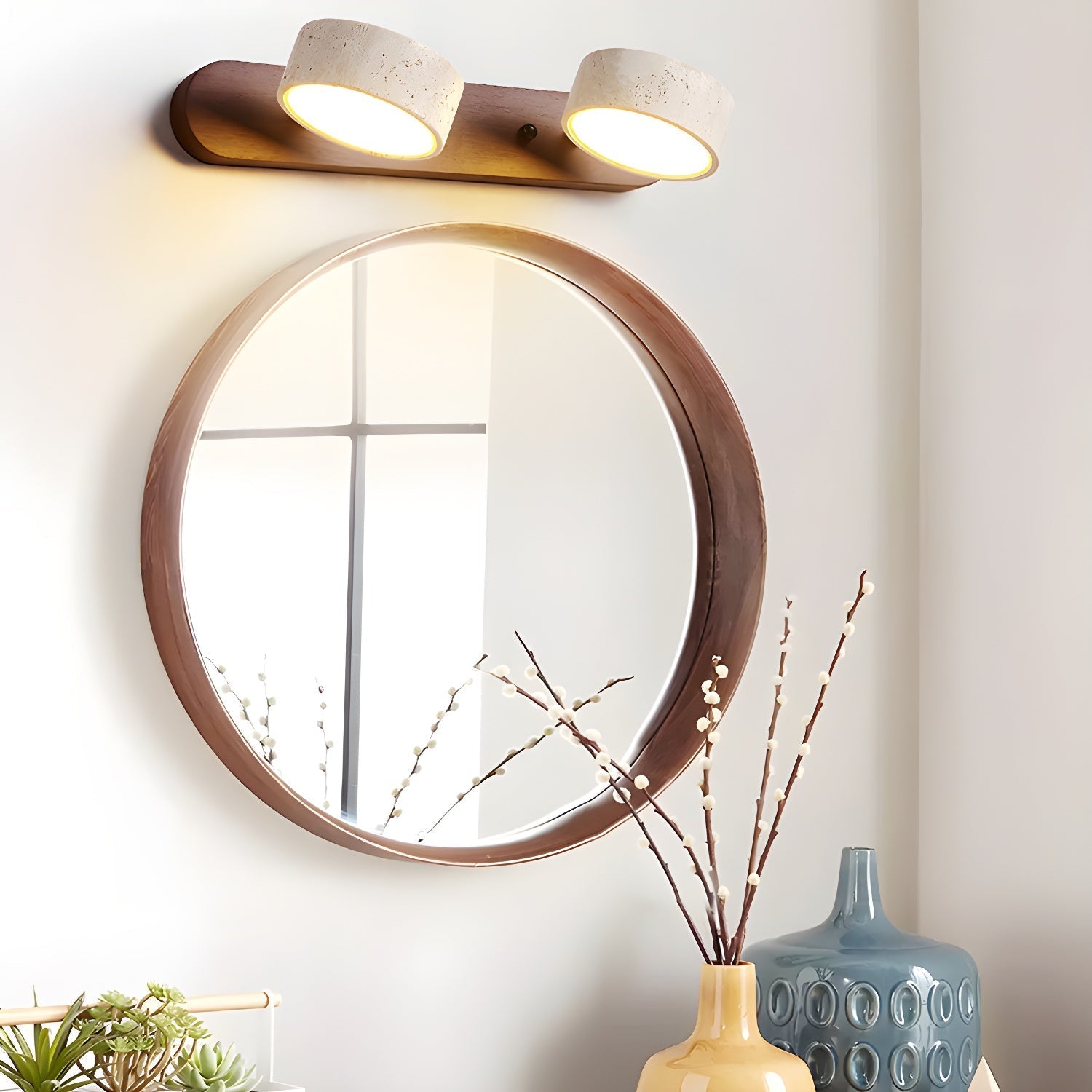 Wall Lamp | Travertine & Wood | Cylindrical Shades | Living Room Accent