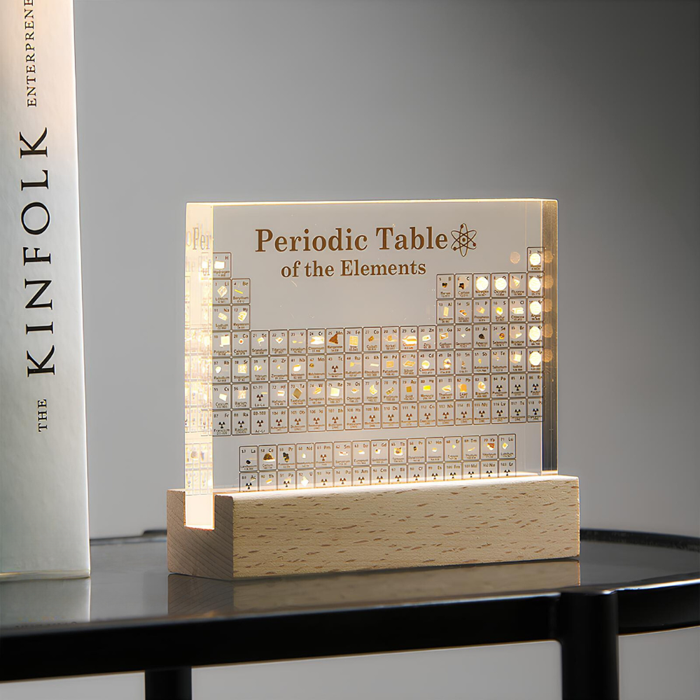 Illuminated Periodic Table Decor with Real Elements in Acrylic and Wood