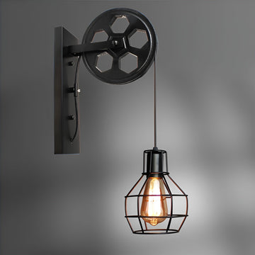 Industrial Vintage LED Wall Sconce with Pulley and Cage Design