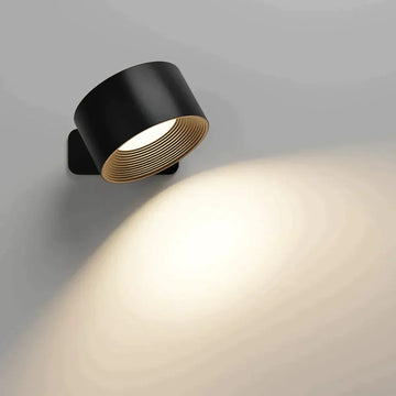Wall Lamp | Matte Black Metal & Natural Wood | 360° Rotatable Head | Living Room Accent