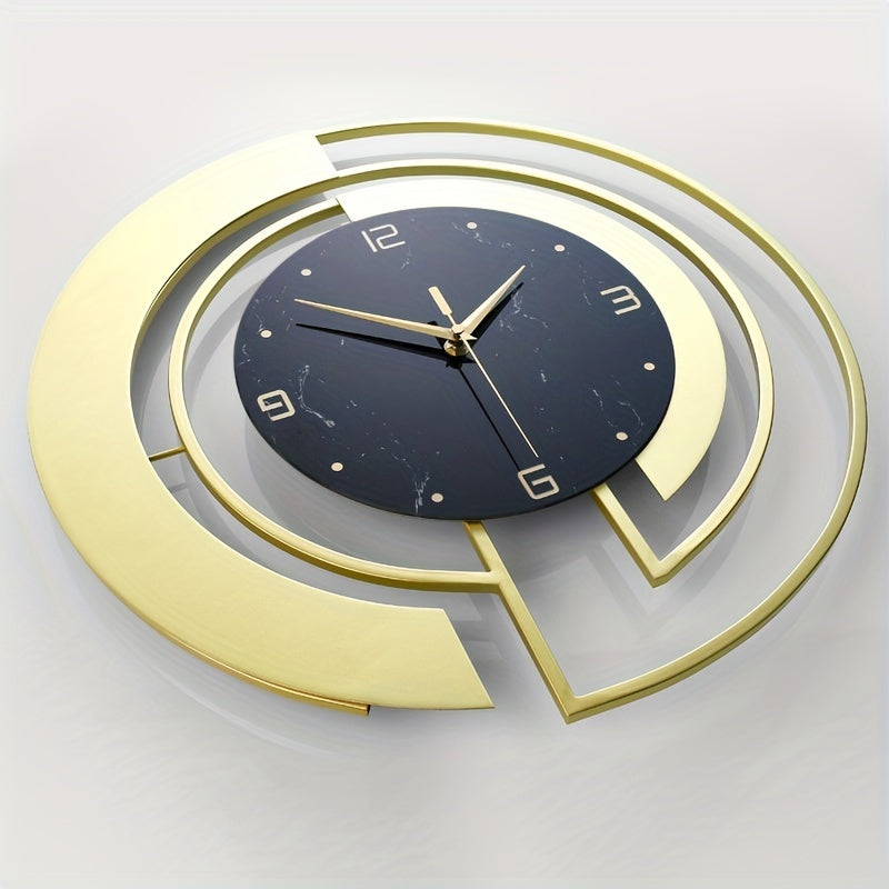 Wall Clock | Brushed Gold Metal & Black Marble | Intersecting Circular Design | Urban Living Room