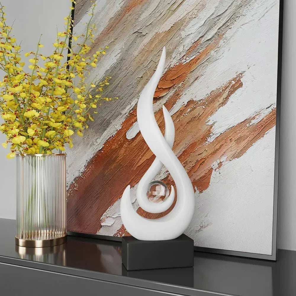 Sculpture | Matte Ceramic & Glass | Flowing Flame Shape | Modern Centerpiece