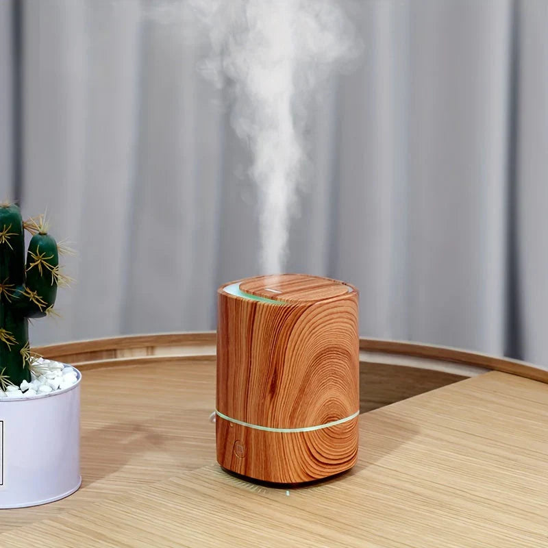 Minimalist Wood-Grain Essential Oil Diffuser with LED Light & USB Power