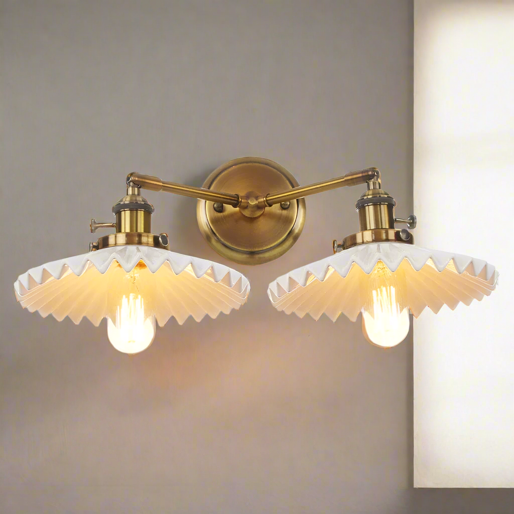 Vintage-Inspired Double Arm Ceramic Wall Sconce with Scalloped Shades