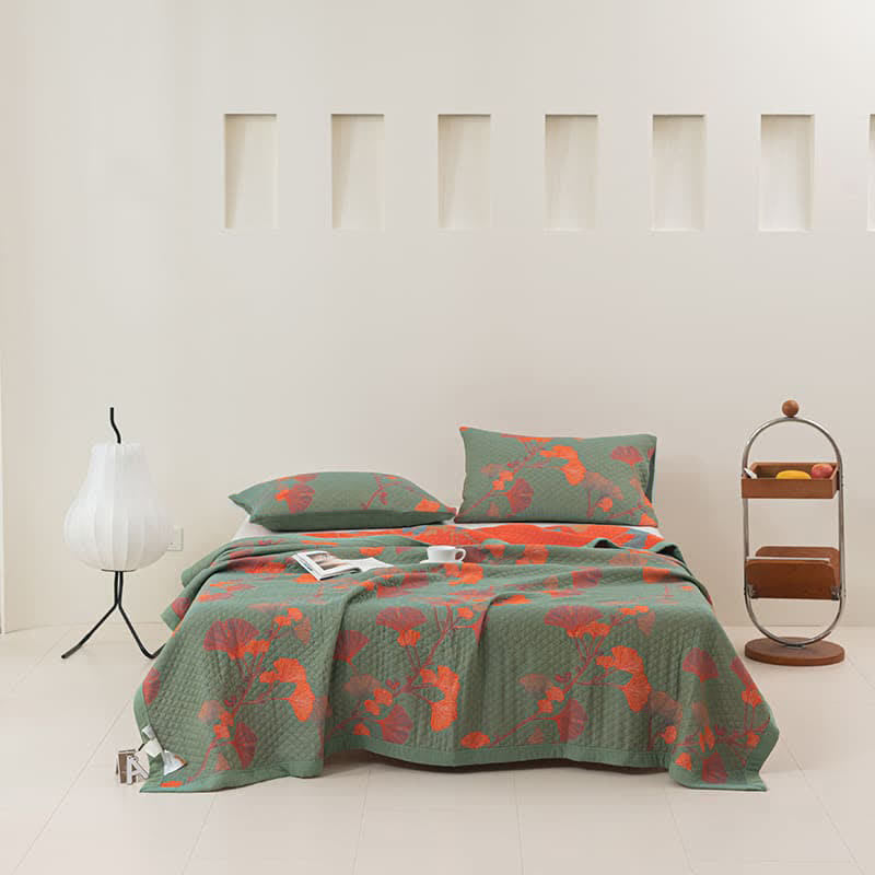 Orange Ginkgo Leaf Quilt – Reversible 3-Layer Cotton – Breathable & Stylish Bedding