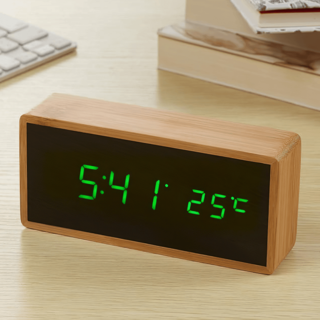 Alarm Clock | Bamboo & LED | Digital Display & Temperature | Bedside Table