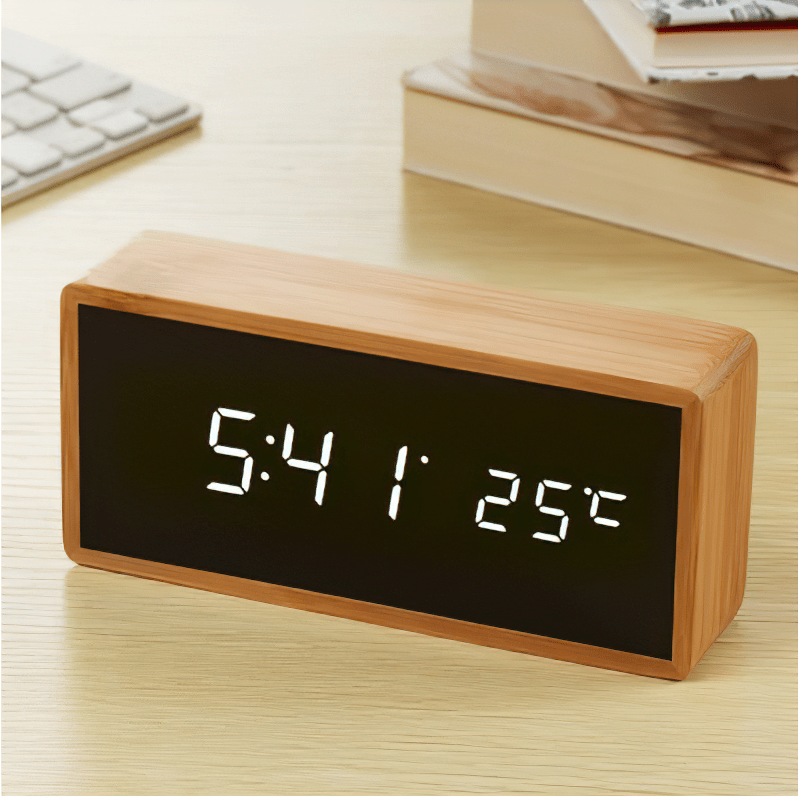 Alarm Clock | Bamboo & LED | Digital Display & Temperature | Bedside Table