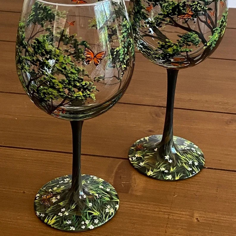 Hand-Painted Four Seasons Tree Wine Glasses - Artistic Nature-Inspired Design