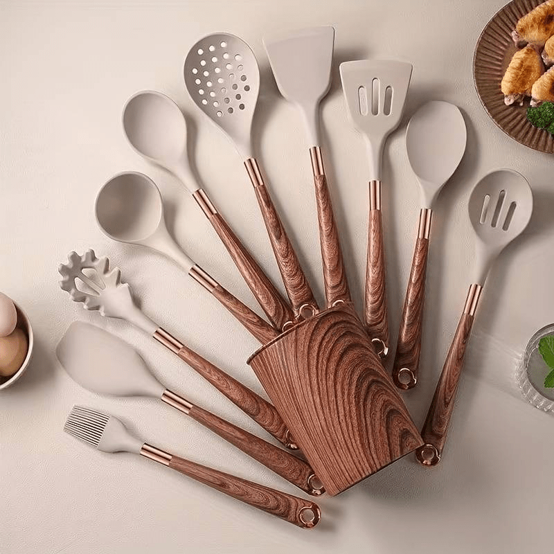 Utensil Set | Silicone & Wood | Smooth Heads & Hanging Loops | Kitchen Use