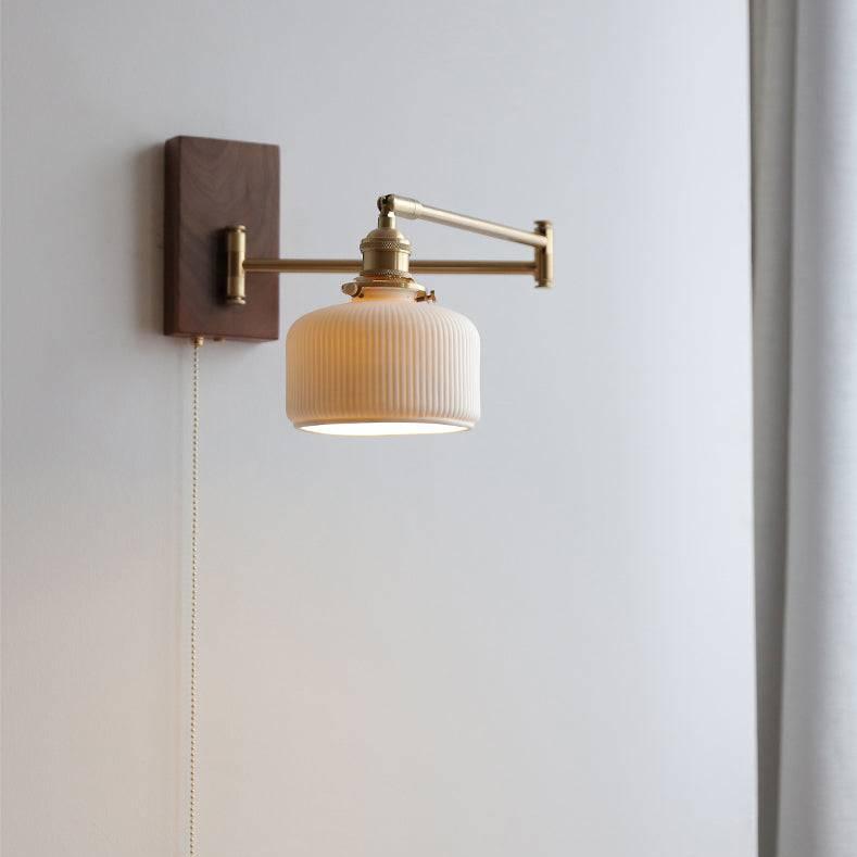 Mid-Century Modern Ceramic Wall Lamp with Wood Plate & Swing Arm