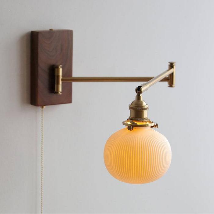 Mid-Century Modern Ceramic Wall Lamp with Wood Plate & Swing Arm