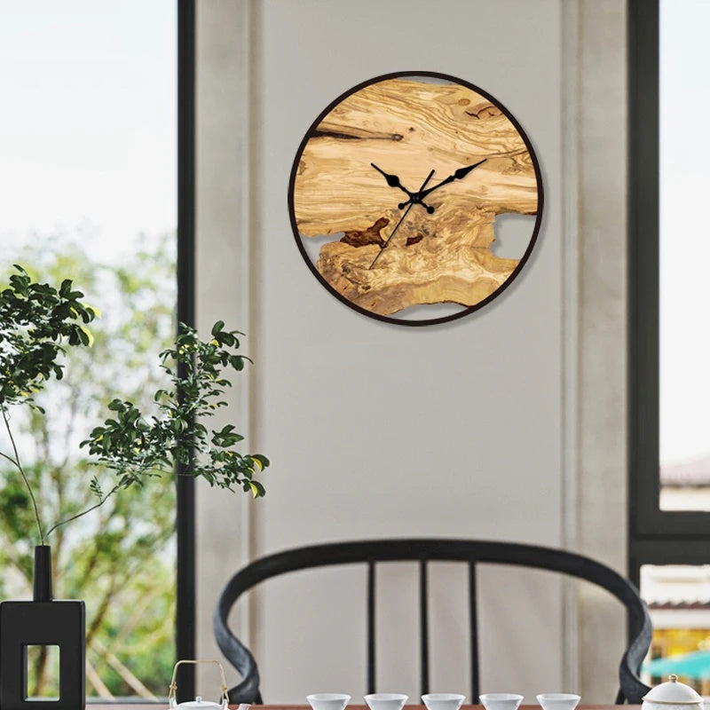 Transparent Wall Clock with Roman Numerals, Metal Frame, and Smooth Wood Texture