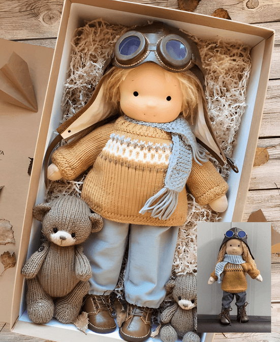 Handcrafted Waldorf Cuddle Doll with Aviator Hat & Plush Bear