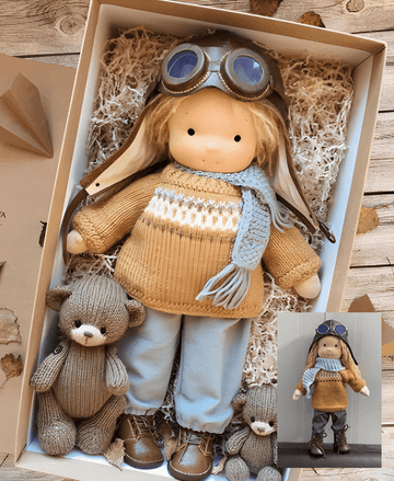 Handcrafted Waldorf Cuddle Doll with Aviator Hat & Plush Bear