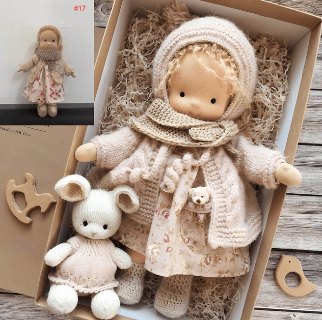 Handcrafted Waldorf Cuddle Doll with Aviator Hat & Plush Bear