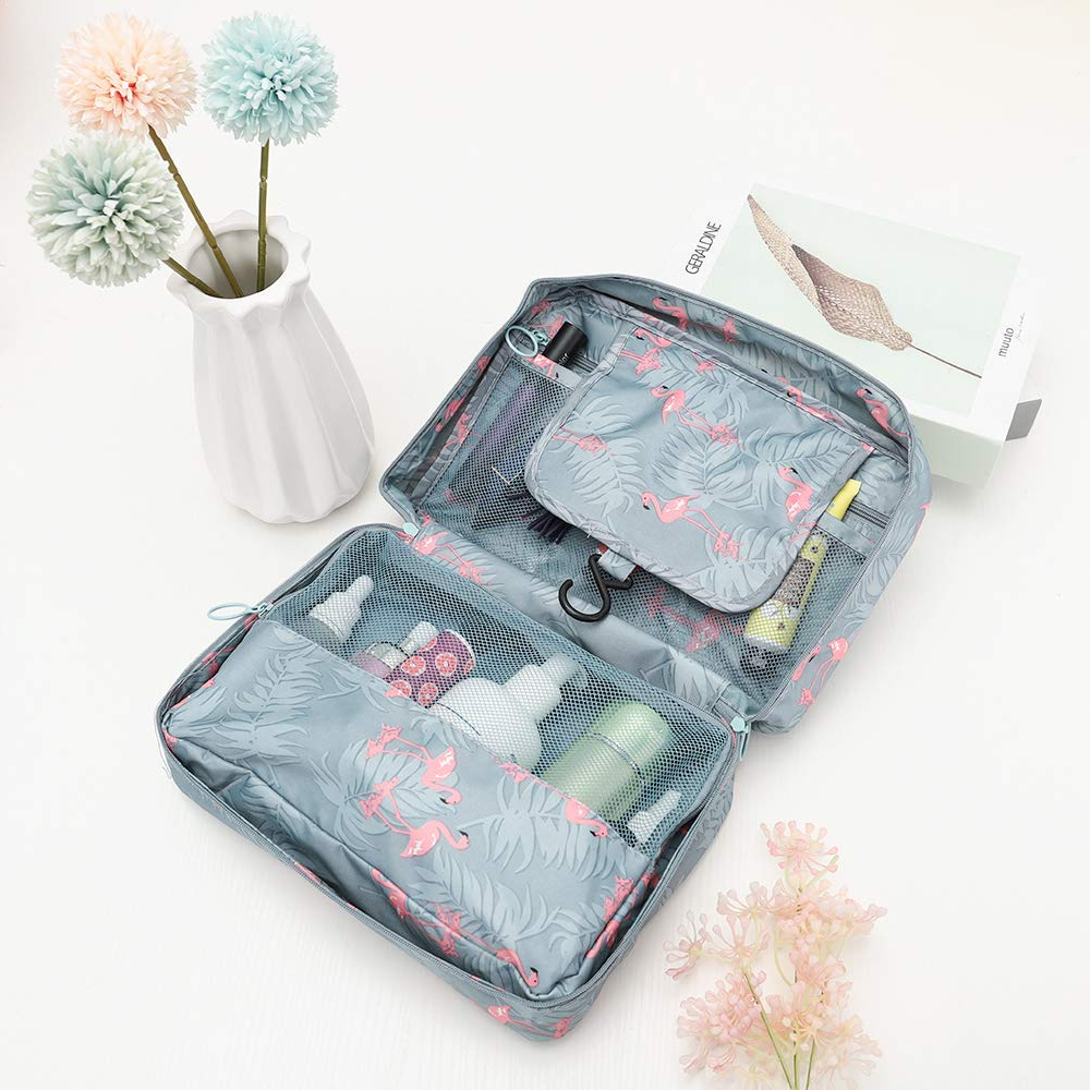 Travel Toiletry Bag with Hanging Hook - Waterproof Floral Organizer for Cosmetics