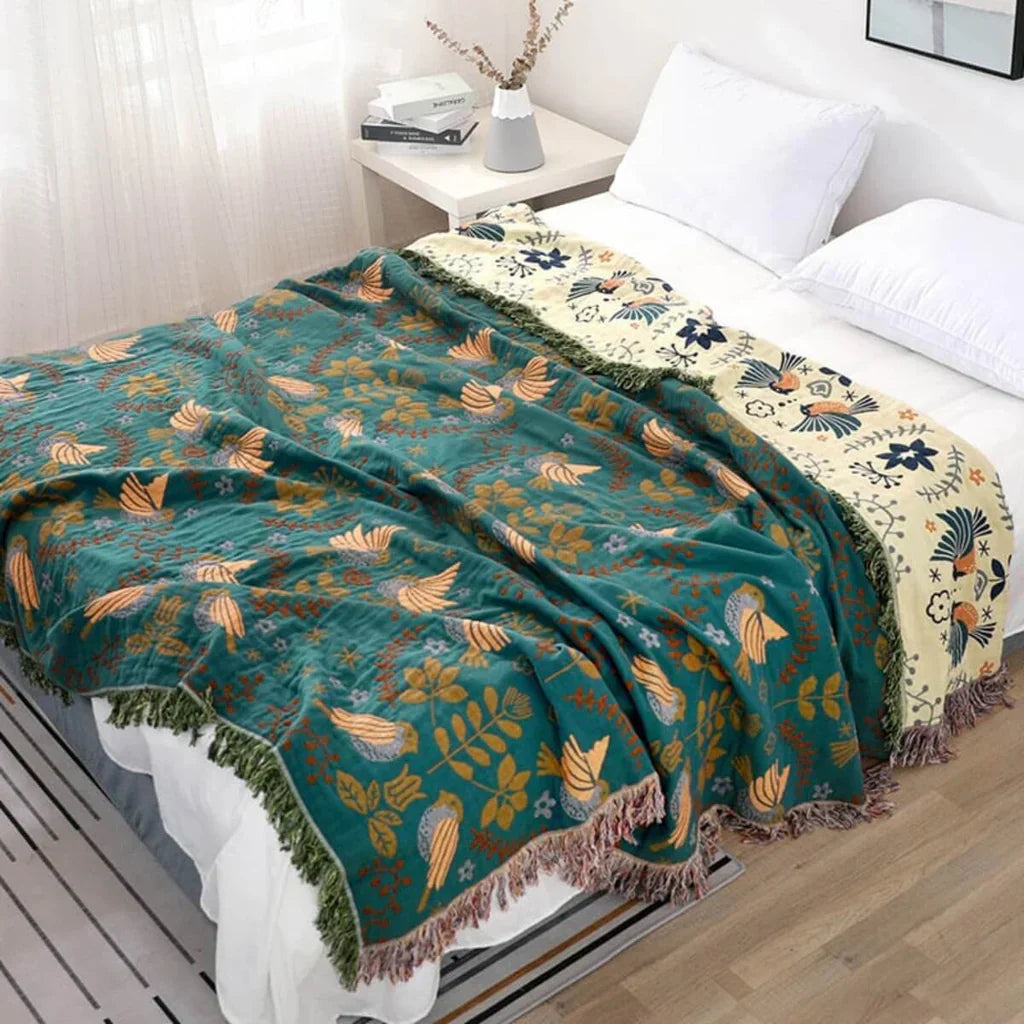 Reversible Scandinavian Bohemian Throw Blanket with Fringe Detailing