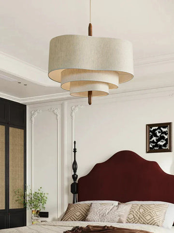 Pendant Chandelier | Textured Fabric & Wood | Layered Shade Design | Modern Living Room