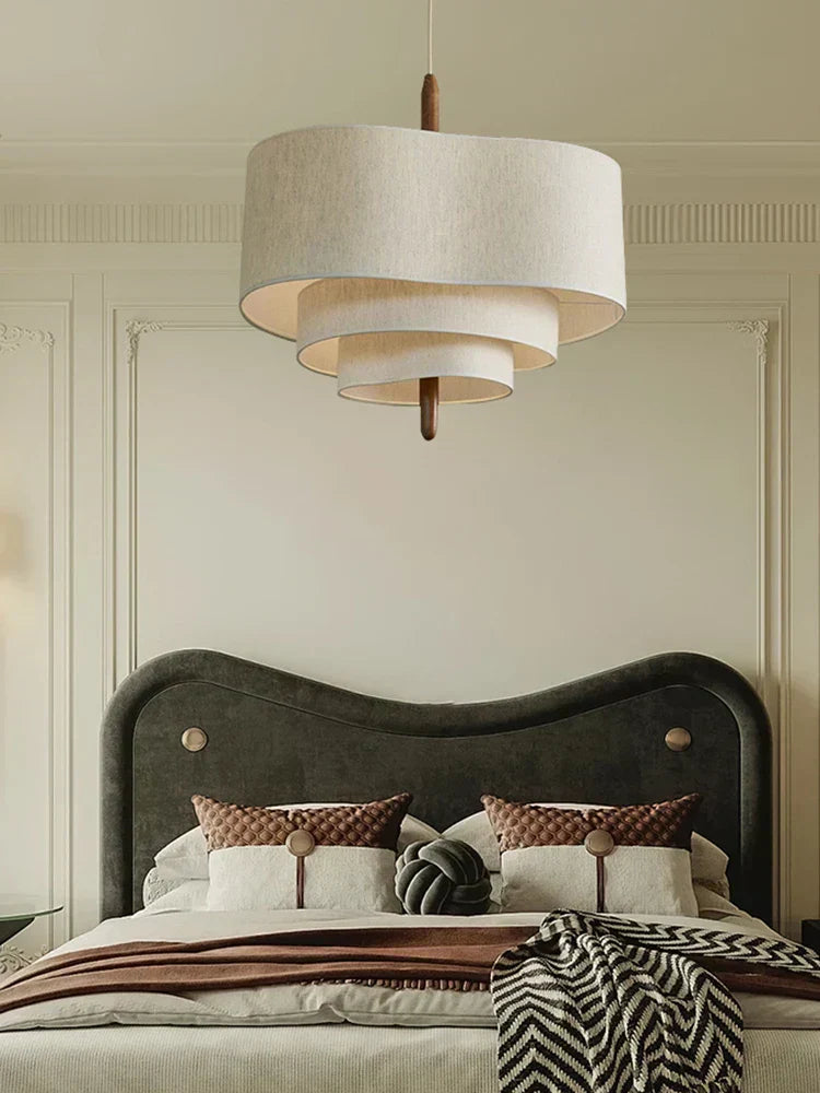 Pendant Chandelier | Textured Fabric & Wood | Layered Shade Design | Modern Living Room
