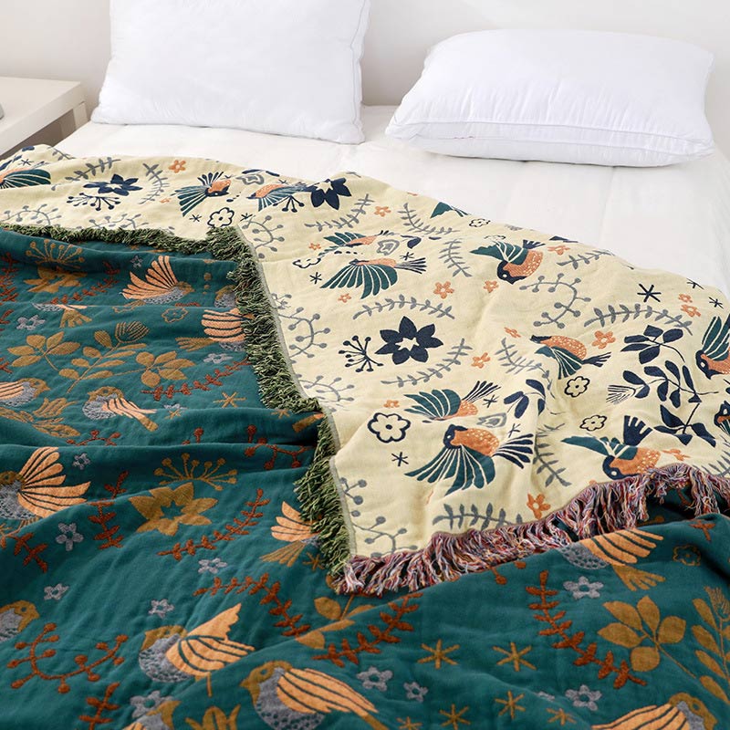 Boho Reversible Bird & Floral Blanket – 100% Cotton Throw with Tassels – Multi-Use Home Decor