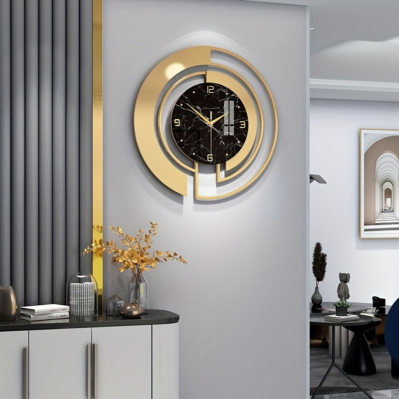 Wall Clock | Brushed Gold Metal & Black Marble | Intersecting Circular Design | Urban Living Room