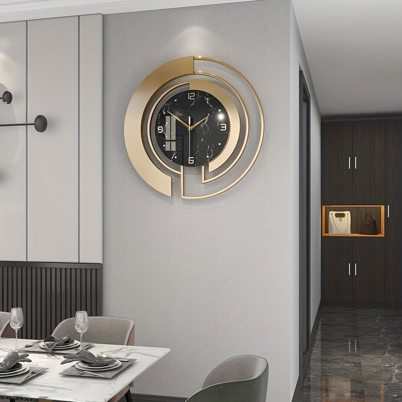 Wall Clock | Brushed Gold Metal & Black Marble | Intersecting Circular Design | Urban Living Room