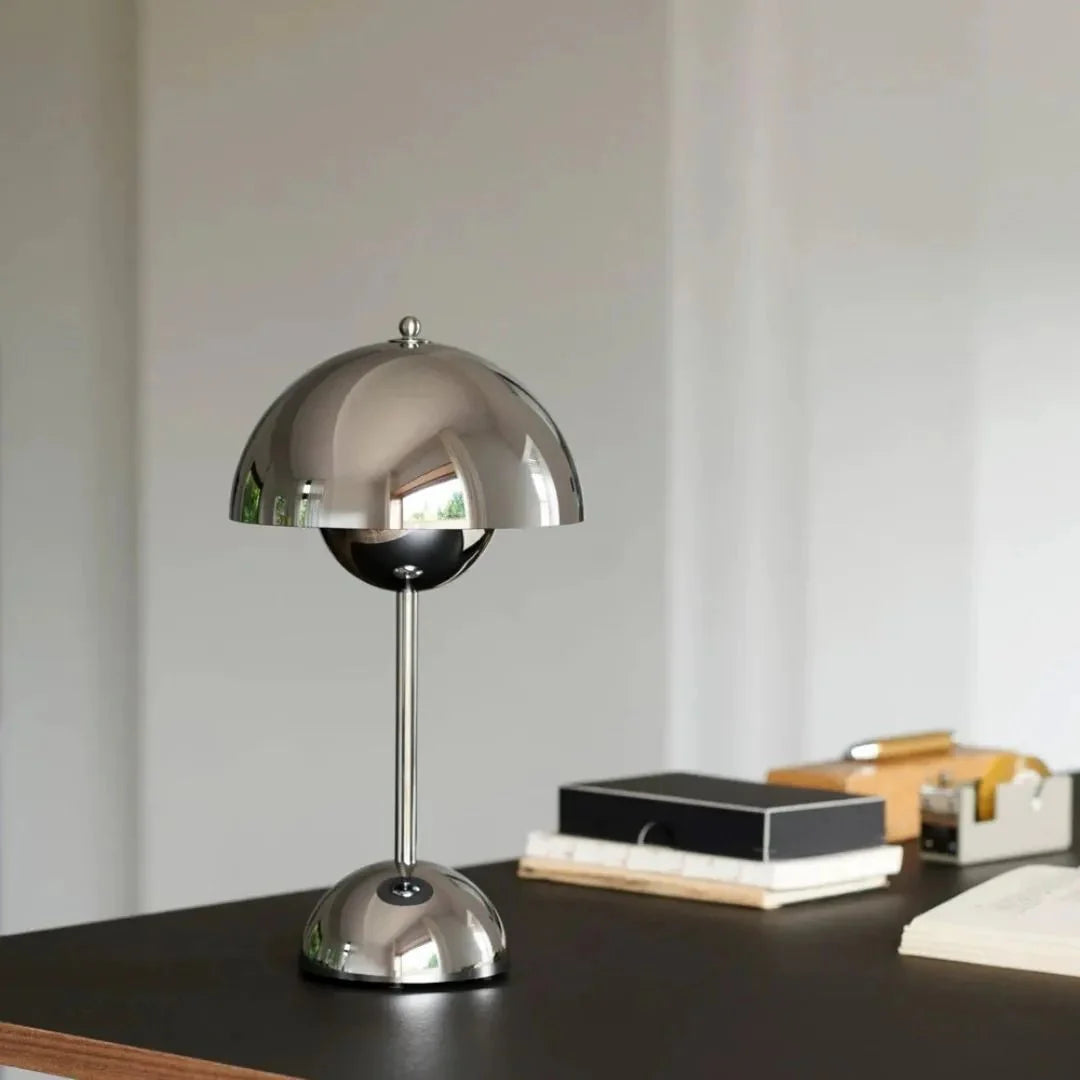 Table Lamp | Polished Chrome | Dome-Shaped Shade | Living Room Accent