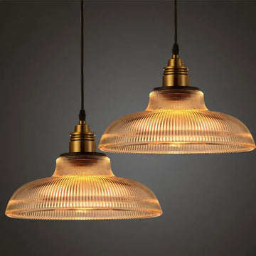 Industrial Vintage Glass Pendant Light - Ribbed Dome Design with Metal Cap