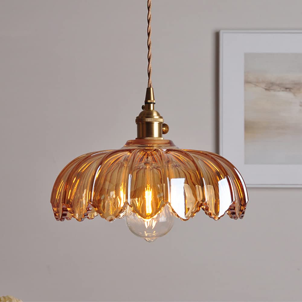Vintage Art Deco Glass Pendant Light with Ribbed Floral Design