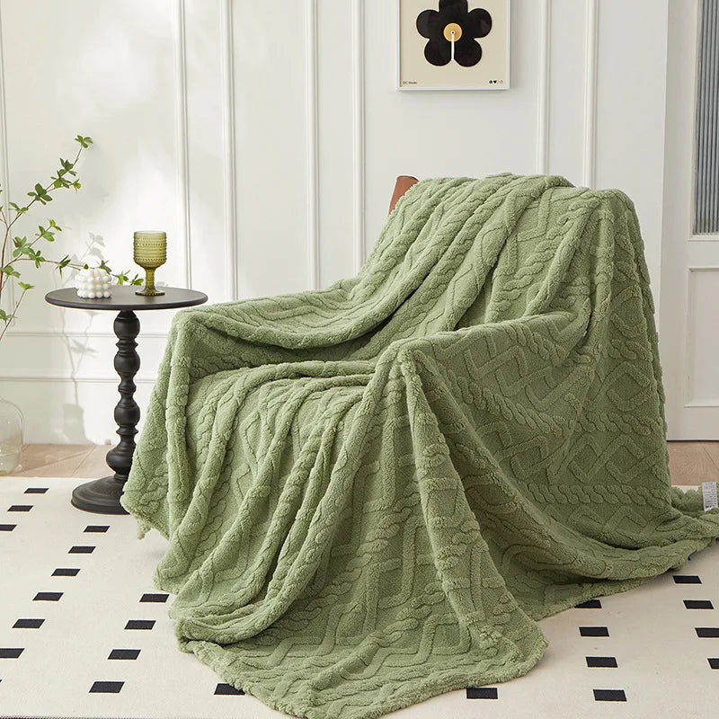 Double-Sided Lambswool Throw Blanket - Plush Cable-Knit Design