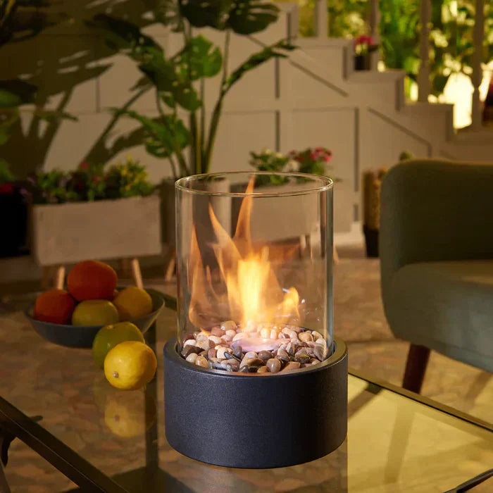 Tabletop Fireplace | Glass & Stone | Cylindrical Enclosure | Cozy Gatherings