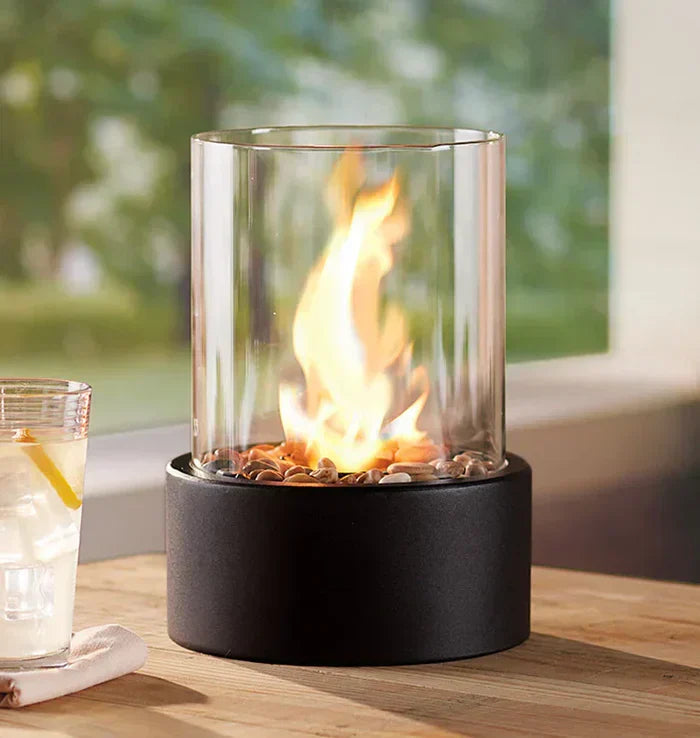 Tabletop Fireplace | Glass & Stone | Cylindrical Enclosure | Cozy Gatherings
