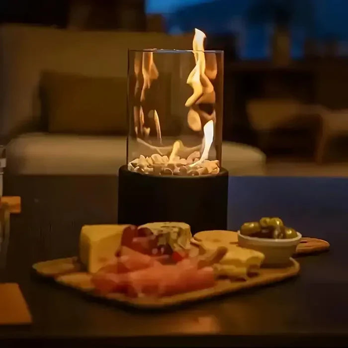 Tabletop Fireplace | Glass & Stone | Cylindrical Enclosure | Cozy Gatherings