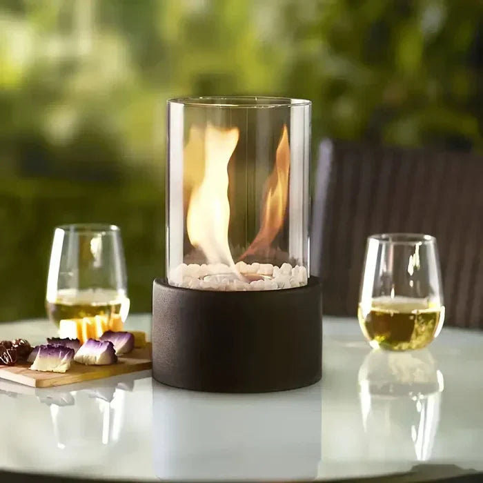Tabletop Fireplace | Glass & Stone | Cylindrical Enclosure | Cozy Gatherings