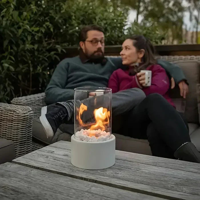 Tabletop Fireplace | Glass & Stone | Cylindrical Enclosure | Cozy Gatherings
