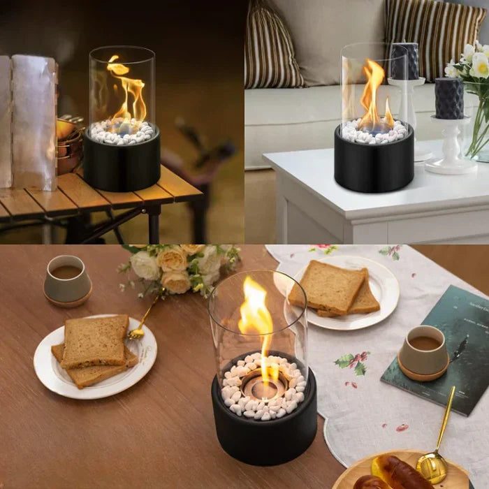 Tabletop Fireplace | Glass & Stone | Cylindrical Enclosure | Cozy Gatherings