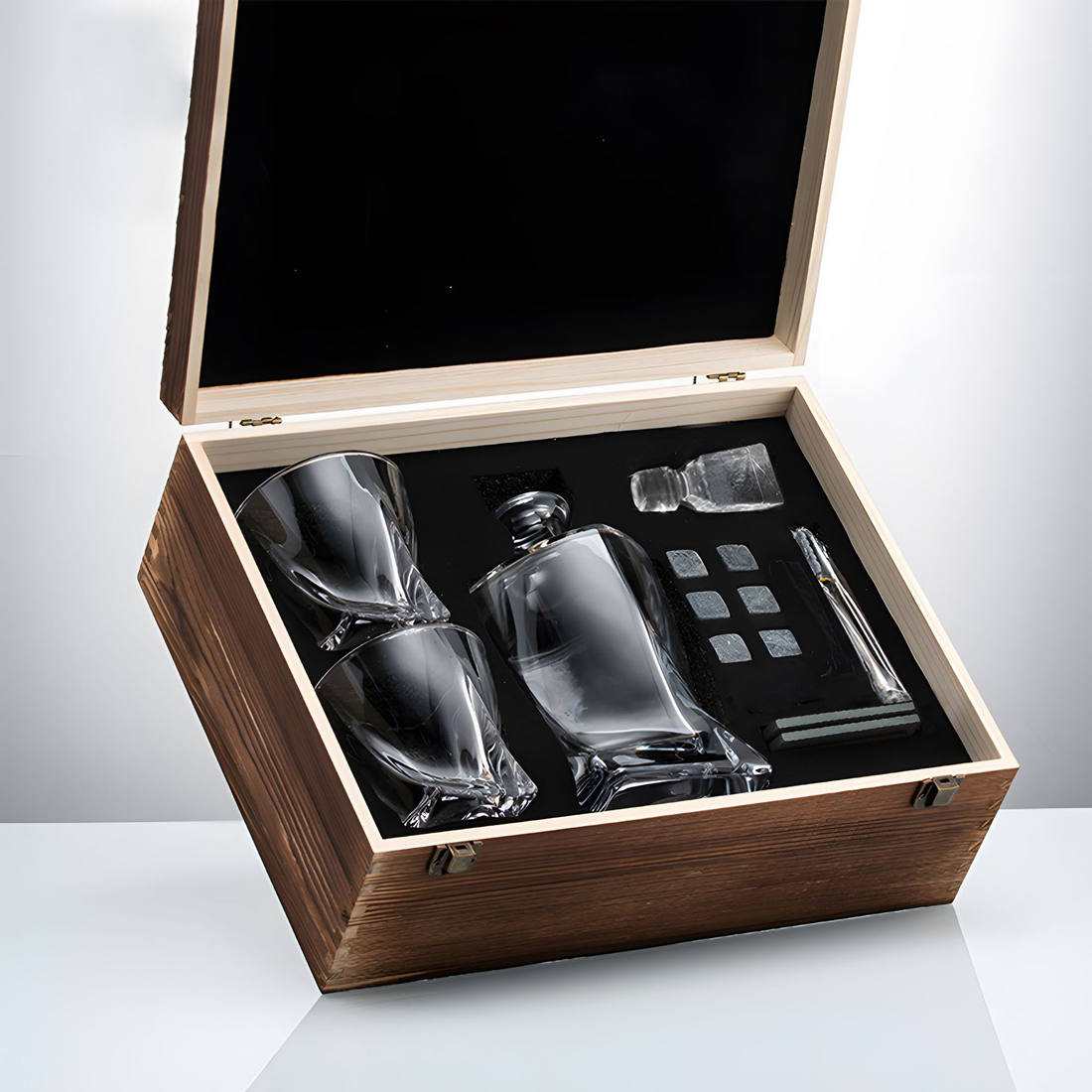 Whiskey Decanter Set | Crystal & Wood | Intricate Pattern & Storage Box | Home Bar