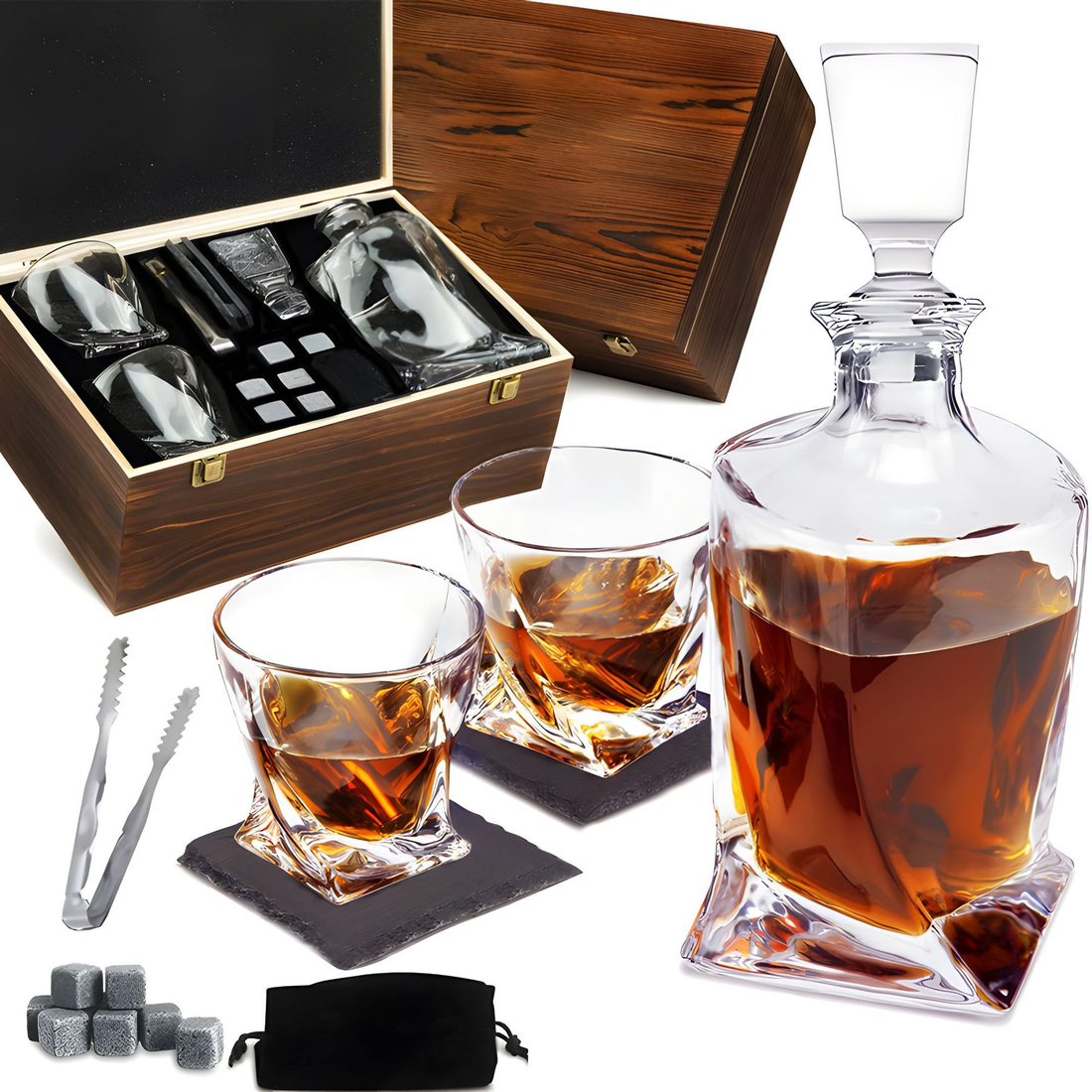 Whiskey Decanter Set | Crystal & Wood | Intricate Pattern & Storage Box | Home Bar
