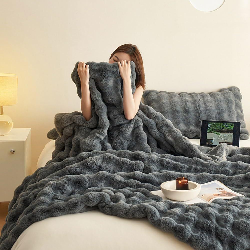 Throw Blanket | Faux Rabbit Fleece | Double-Sided Texture | Living Room Cozy