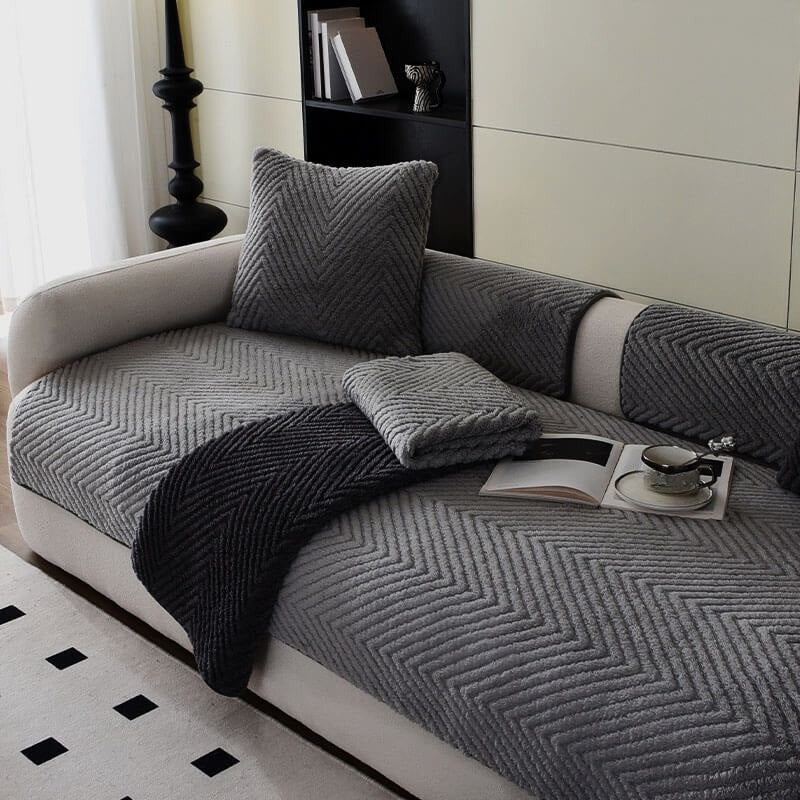 Sofa Cover | Plush Fabric | Herringbone Pattern & Non-Slip Backing | Modern Living Room
