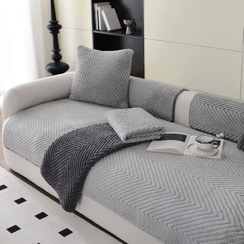Sofa Cover | Plush Fabric | Herringbone Pattern & Non-Slip Backing | Modern Living Room