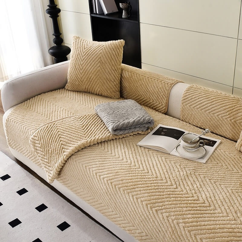 Sofa Cover | Plush Fabric | Herringbone Pattern & Non-Slip Backing | Modern Living Room