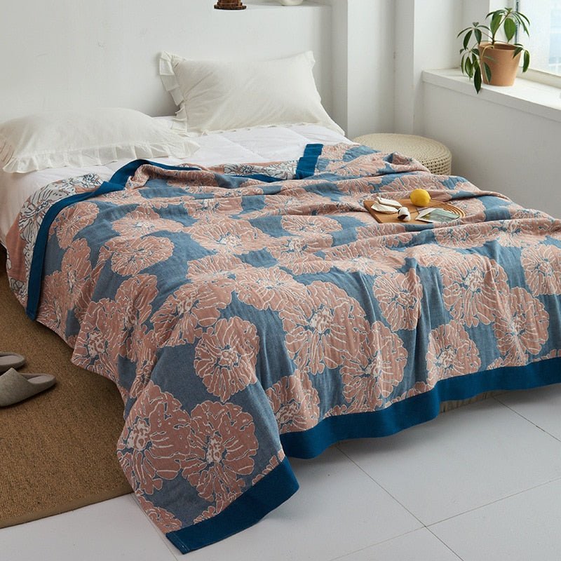 Throw Blanket | Soft Cotton | Floral Pattern & Reversible Design | Living Room Accent