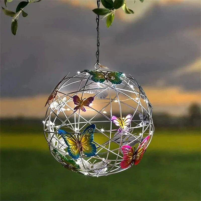 Solar Garden Lantern | Metal & Colored Glass | Butterfly Motifs & Spherical Wireframe | Garden Parties