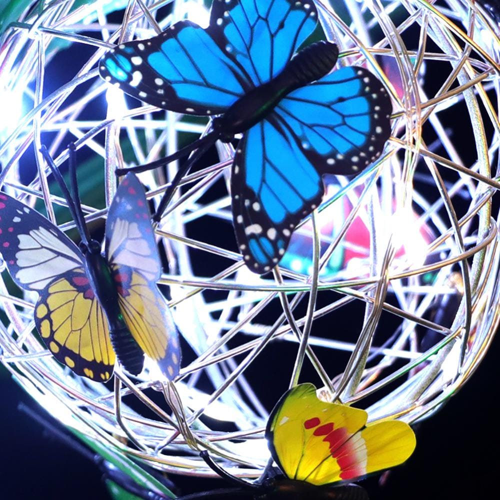 Solar Garden Lantern | Metal & Colored Glass | Butterfly Motifs & Spherical Wireframe | Garden Parties
