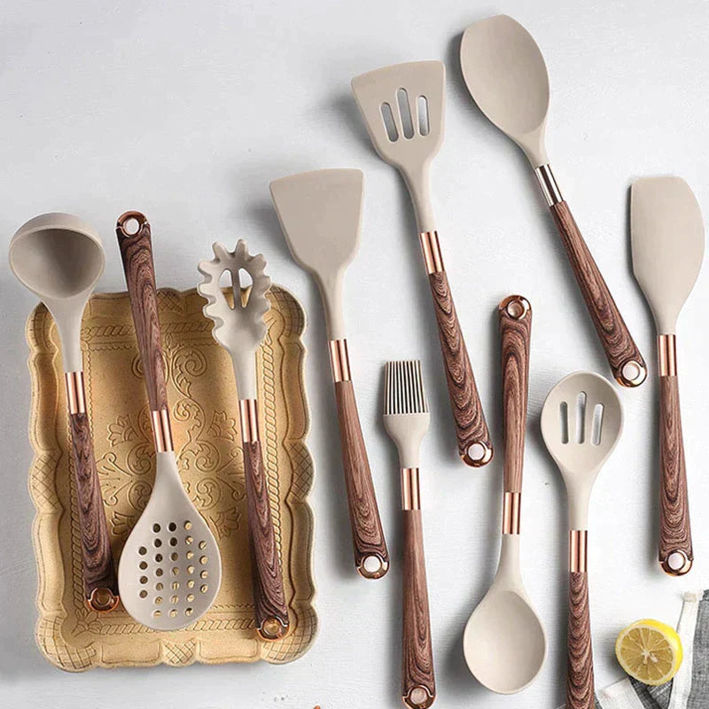 Silicone Utensil Set | Silicone & Wood | Heat-Resistant Wood Grain Handles | Kitchen Use